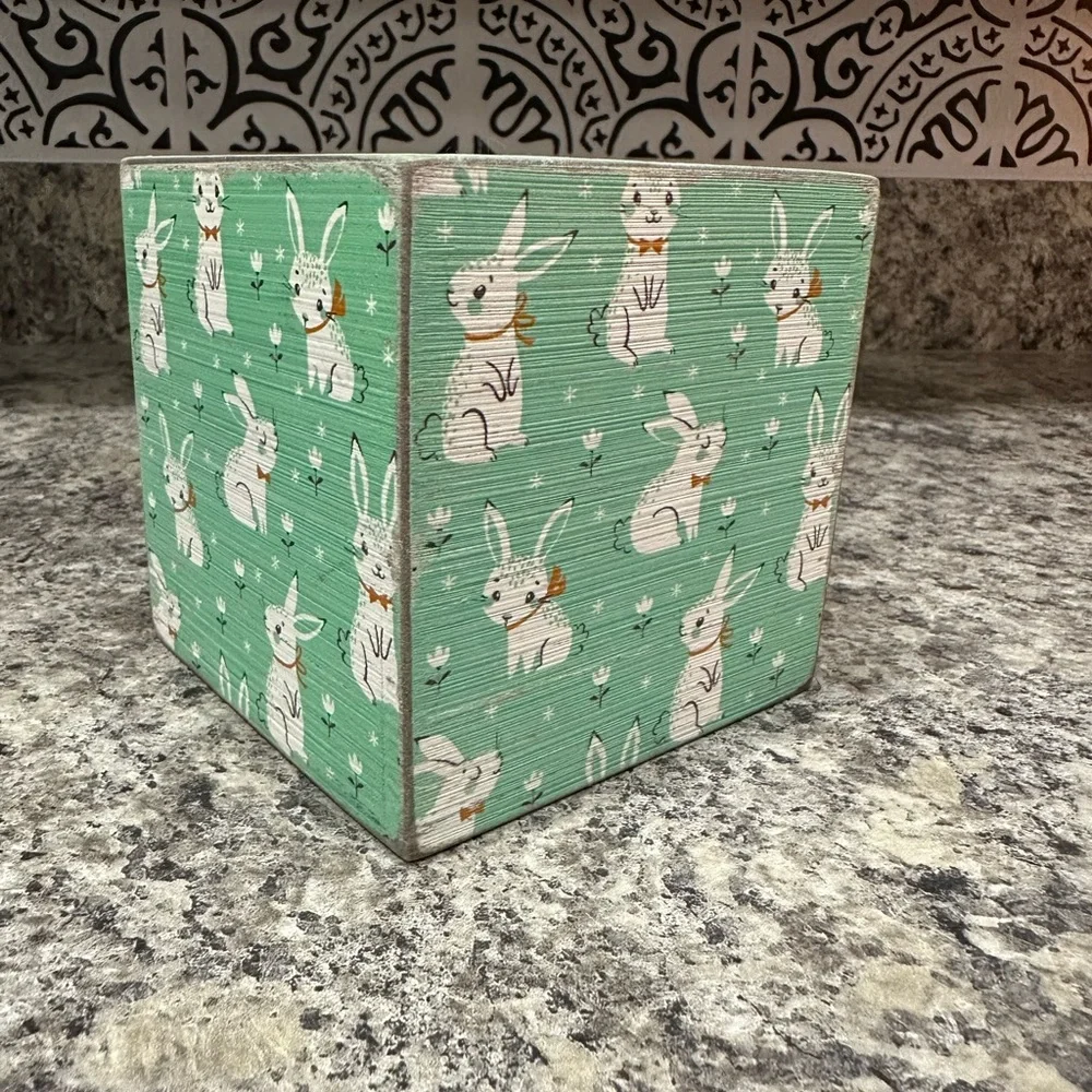 Easter, Spring Decor Wooden Block, Rustic Rabbits, Cube